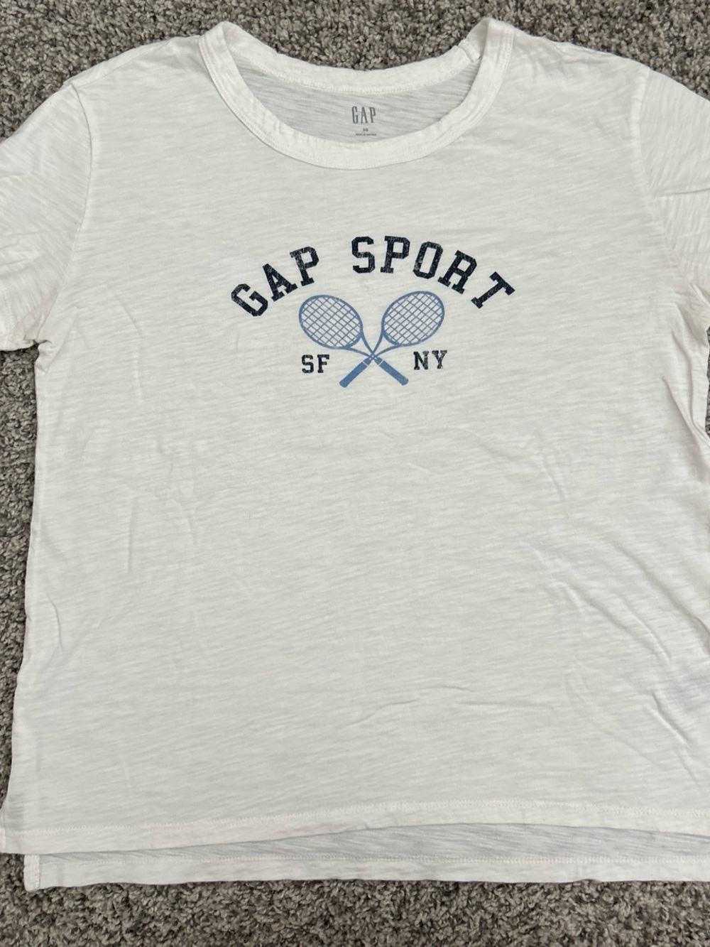 GAP White Tee with Navy & Light Blue Tennis Graphic